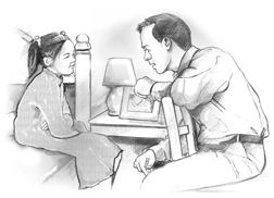 Drawing of a father talking with his daughter in her bedroom.