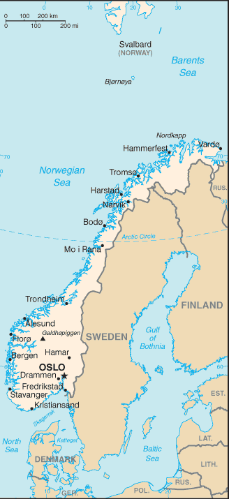 Date: 07/16/2012 Description: Map of Norway © CIA image
