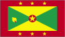 Flag of Grenada is yellow and green diagonally-divided rectangle with red border that has six yellow stars; red disk with yellow star in center, and nutmeg pod on hoist side. 2004.