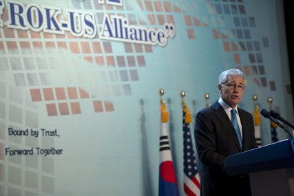 U.S. Defense Secretary Chuck Hagel speaks during a banquet celebrating the 60th anniversary of the U.S.-South Korean alliance in Seoul, South Korea, Sept. 30, 2013. Earlier in the day, Hagel met with South Korean President Park Geun-hye and visited troops in the demilitarized zone separating North and South Korea.