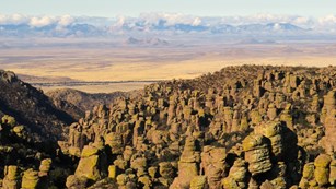 Overview of many pinnacle formations in a desert