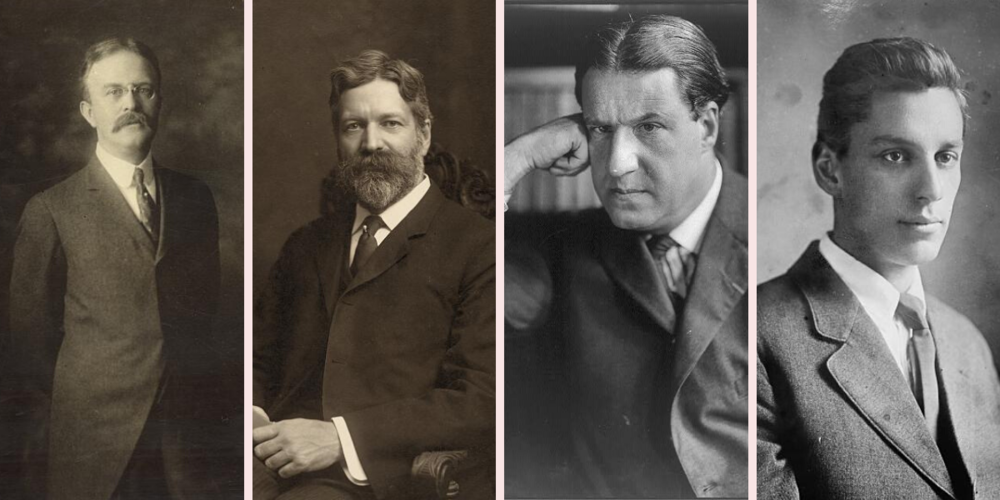 From left to right: Oswald Garrison Villard, George Foster Peabody, Stephen S. Wise, Max Eastman.  (Photos courtesy of the Library of Congress)