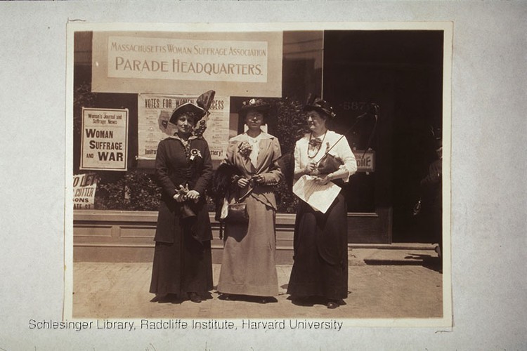 Three women outside the MA Woman Suffrage Assocation, 1914.