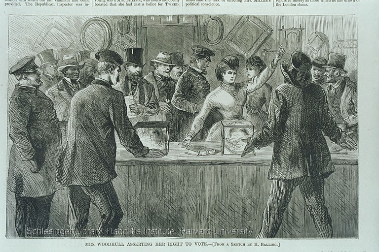 Victoria Woodhull, the only woman at the polls, attempting to cast a ballot. Published in Harper’s Weekly, Nov. 25, 1871, p. 1109.