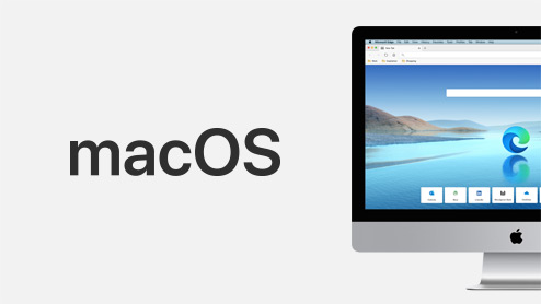 MacOS logo next to Mac monitor with Microsoft Edge on the screen.