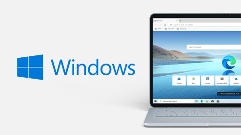 Windows logo next to Windows laptop with Microsoft Edge on the screen.