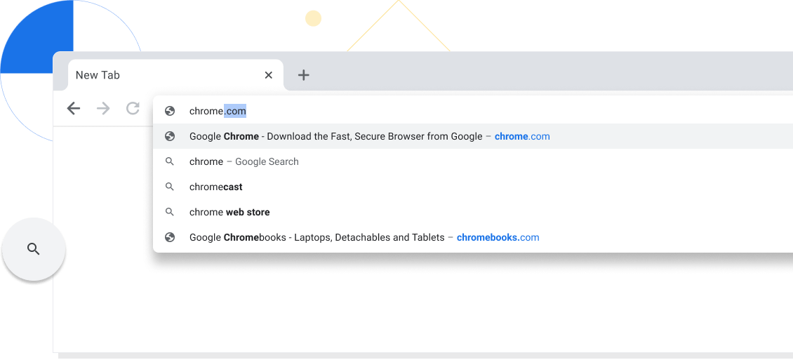 Zoomed-in view of a new tab in a Chrome browser window with chrome.com entered into the address bar.
