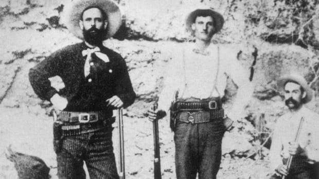 Wild West Outlaw Jesse James with members of his gang, probably two of the Younger brothers.