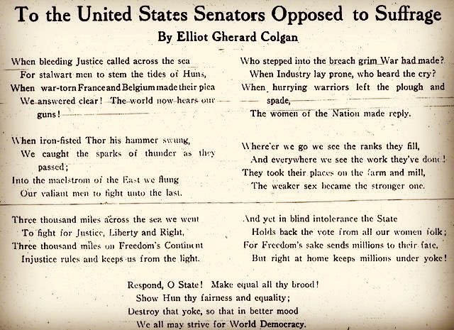 &ldquo;And yet in blind intolerance the State / Holds back the vote from all our women folk; / For Freedom&rsquo;s sake sends millions to their fate, But right at home keeps millions under yoke!&rdquo; - poem in &ldquo;The Suffragist,&rdquo; September 1918 #womenshistory #herstory #equality