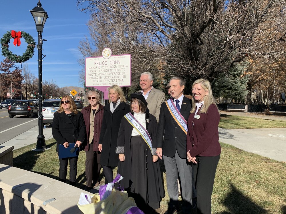 Leadership of the National Votes for Women Trail with Nevada Gov. Steve Sisolak and Carson City Mayor Bob Crowell, Fall 2019