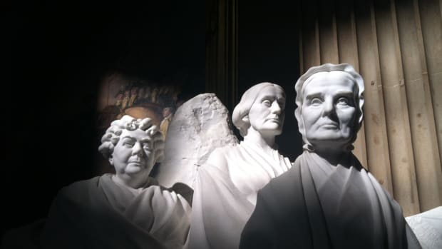 Statues of US  pioneers for women’s suffrage,  Elizabeth Cady Stanton (L), Susan B. Anthony (C), and Lucretia Mott (R) are seen Septembder 30, 2013 in the US Capitol Rotunda in Washington, DC. Women’s suffrage in the United States was achieved gradually, at state and local levels during the late 19th century and early 20th century, culminating in 1920 with the passage of the Nineteenth Amendment to the United States Constitution, which provided: “The right of citizens of the United States to vote shall not be denied or abridged by the United States or by any State on account of sex.”     AFP PHOTO / Michael MATHES        (Photo credit should read MICHAEL MATHES/AFP/Getty Images)
