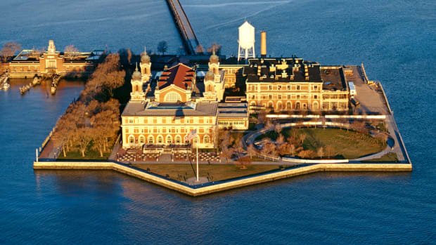 Aerial view of Ellis Island, New York, North America (Photo by Hoberman Collection/UIG via Getty Images)
