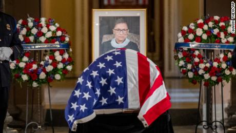 Justice Ruth Bader Ginsburg lies in state in Statuary Hall of the U.S. Capitol in Washington on Friday, Sept. 25, 2020. (Shawn Thew/Pool via AP)
