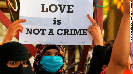 A protester during a demonstration in opposition to proposed laws against &quot;Love Jihad,&quot; in Bangalore on December 1, 2020.