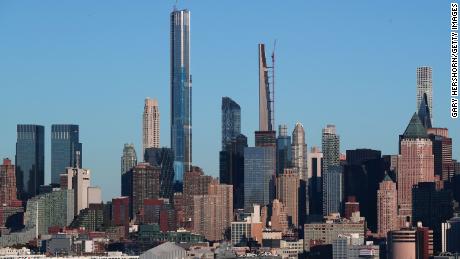 Central Park Tower and the Steinway Tower on Billionaires&#39; Row in New York City stand above the Time Warner Center, 220 Central Park South, One 57 and 432 Park Avenue on October 17, 2020 as seen from Weehawken, New Jersey.