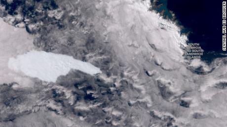 Iceberg A68a, photographed by European Space Agency satellite Sentinel-3 on December 9, approaches South Georgia in the South Atlantic.