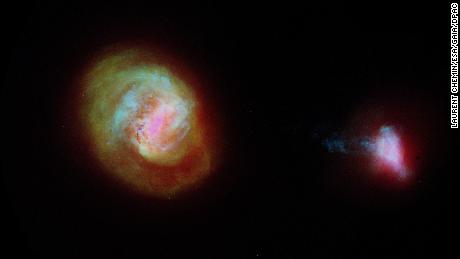 A diagram of the two most important companion galaxies to the Milky Way, the Large Magellanic Cloud or LMC (left) and the Small Magellanic Cloud (SMC) made using data from the European Space Agency Gaia satellite. The two galaxies are connected by a 75,000 light-years long bridge of stars, some of which is seen extending from the left of the SMC.
Credits: Laurent Chemin for Gaia DPAC and Collaboration