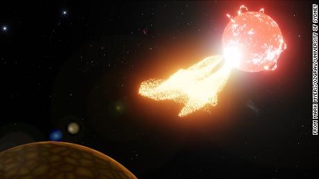 Artist&#39;s impression of flare from our neighbouring star Proxima Centauri ejecting material onto a nearby planet.