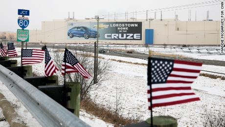 Flags line up outside of the Lordstown General Motors plant on March 5, 2019. The plant is closing on Wednesday. 