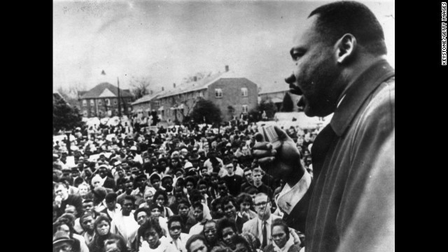 April 1965:  Dr Martin Luther King (1929 - 1968) addresses civil rights marchers in Selma, Alabama.  (Photo by Keystone/Getty Images)