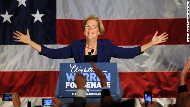 BOSTON, MA - NOVEMBER 6: Elizabeth Warren takes the stage for her acceptance after beating incumbent U.S. Senator Scott Bown at the Copley Fairmont November 6, 2012 Boston, Massachusetts. The campaign was highly contested and closely watched and went down to the wire. (Photo by Darren McCollester/Getty Images)