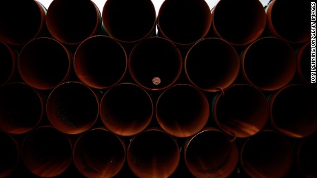 Pipe is stacked at the southern site of the Keystone XL pipeline on March 22, 2012, in Cushing, Oklahoma.