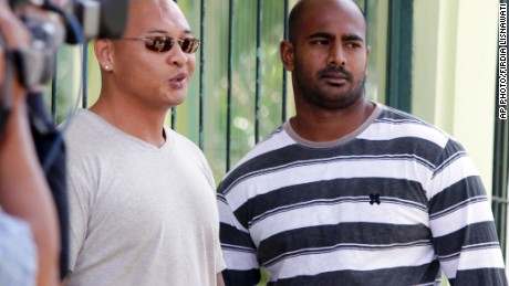  In this Aug. 17, 2011 file photo, Australian death-row prisoners Myuran Sukumaran, right and Andrew Chan, left, stand in front of their cell during an Indonesian Independence Day celebration at Kerobokan prison in Bali, Indonesia. Australia&#39;s Foreign Minister Julie Bishop on Thursday, Feb. 12, 2015 called on the Indonesian government to show the same mercy to two Australian drug traffickers on death row as Indonesia seeks from countries where Indonesian citizens face execution. (AP Photo/Firdia Lisnawati, File)