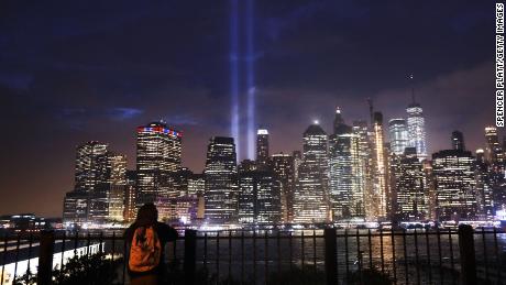 NEW YORK, NY - SEPTEMBER 11:  The &#39;Tribute in Light&#39; memorial lights up lower Manhattan near One World Trade Center on September 11, 2018 in New York City. The tribute at the site of the World Trade Center towers has been an annual event in New York since March 11, 2002. Throughout the country services are being held to remember the 2,977 people who were killed in New York, the Pentagon and rural Pennsylvania in the terrorist attacks on September 11, 2001.  (Photo by Spencer Platt/Getty Images)