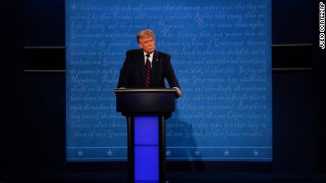 President Donald Trump during the first presidential debate, Tuesday, Sept. 29, 2020, at Case Western University and Cleveland Clinic, in Cleveland, Ohio. (AP Photo/Julio Cortez)