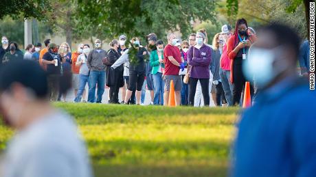 Mandatory Credit: Photo by Mario Cantu/CSM/Shutterstock (10952781o)
Voters line up outside of the Southpark Meadows Mega-Center, Polls opened at 7 a.m. and hundreds of voters came out early to cast their votes. Austin, Texas
News Voting, Austin, USA - 13 Oct 2020