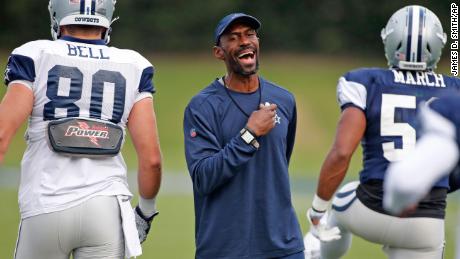Dallas Cowboys stength and conditioning coach Markus Paul talks during an NFL football training camp Thursday, Sept. 3, 2020 in Frisco, Texas. (James D Smith via AP)