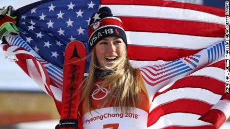 PYEONGCHANG-GUN, SOUTH KOREA - FEBRUARY 15:  Gold medalist Mikaela Shiffrin of the United States poses on the podium after the Ladies&#39; Giant Slalom on day six of the PyeongChang 2018 Winter Olympic Games at Yongpyong Alpine Centre on February 15, 2018 in Pyeongchang-gun, South Korea.  (Photo by Ezra Shaw/Getty Images)