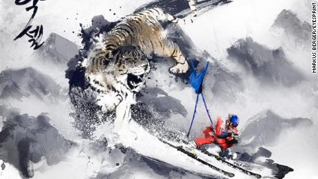 Aksel Lund Svindal chased down the slope by a Korean white tiger