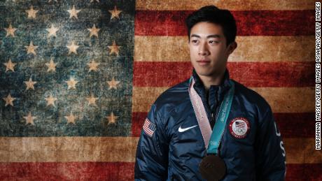 GANGNEUNG, SOUTH KOREA - FEBRUARY 17:  (BROADCAST-OUT) United States Men&#39;s Figure Skater Nathan Chen poses for a portrait with his bronze medal in the team event on the Today Show Set on February 17, 2018 in Gangneung, South Korea.  (Photo by Marianna Massey/Getty Images)