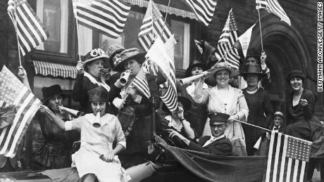 American suffragist hold a jubilee celebrating their victory following the passing of the 19th Amendment in August 1920. Miss Melanie Lowenthal who was one of the leaders of the demonstration celebrating the dawn of political equality.