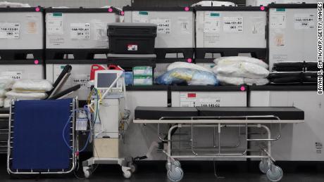 Medical supplies are viewed inside the Jacob Javits Center as New York Governor Andrew Cuomo announces plans to convert the Jacob Javits Center on Manhattans West Side into a field hospital as Coronavirus cases continue to rise on March 23, 2020 in New York. - Anxiety ratcheted up across New York, the epicenter of America&#39;s coronavirus pandemic, Monday with streets eerily quiet at the start of the working week as officials warn the crisis will worsen.As the number of deaths in the United States from COVID-19 soars towards 500, the Big Apple finds itself at Ground Zero in the fight to stem the fast-breaking outbreak. (Photo by Bryan R. Smith / AFP) (Photo by BRYAN R. SMITH/AFP via Getty Images)