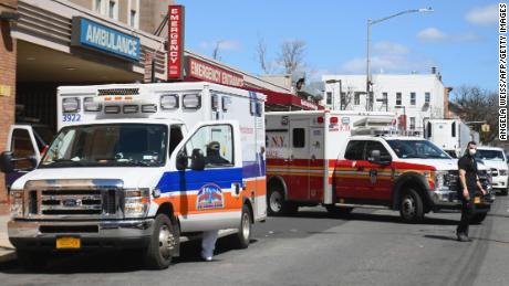 Ambulances in front of the emergency room entrance of the Wyckoff Heights Medical Center in Brooklyn on April 02, 2020 in New York. - The Federal Emergency Management Agency (FEMA) has asked the US Defense Department for 100,000 body bags as the toll mounts from the novel coronavirus, the Pentagon said on April 2. White House experts have said that US deaths from the disease -- currently at more than 5,100 -- are expected to climb to between 100,000 and 240,000, even with mitigation efforts in force. (Photo by Angela Weiss / AFP) (Photo by ANGELA WEISS/AFP via Getty Images)