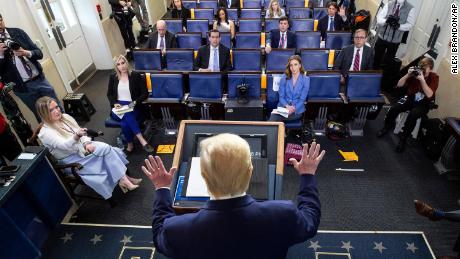 President Donald Trump speaks about the coronavirus in the James Brady Press Briefing Room of the White House, Monday, April 6, 2020, in Washington.