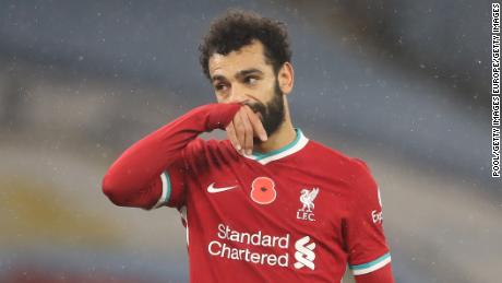 MANCHESTER, ENGLAND - NOVEMBER 08: Mohamed Salah of Liverpool reacts during the Premier League match between Manchester City and Liverpool at Etihad Stadium on November 08, 2020 in Manchester, England. Sporting stadiums around the UK remain under strict restrictions due to the Coronavirus Pandemic as Government social distancing laws prohibit fans inside venues resulting in games being played behind closed doors. (Photo by Martin Rickett - Pool/Getty Images)