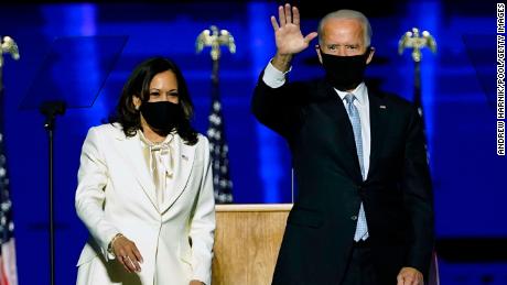 WILMINGTON, DELAWARE - NOVEMBER 07:  President-elect Joe Biden and Vice President-elect Kamala Harris take the stage at the Chase Center to address the nation November 07, 2020 in Wilmington, Delaware. After four days of counting the high volume of mail-in ballots in key battleground states due to the coronavirus pandemic, the race was called for Biden after a contentious election battle against incumbent Republican President Donald Trump. (Photo by Andrew Harnik-Pool/Getty Images)