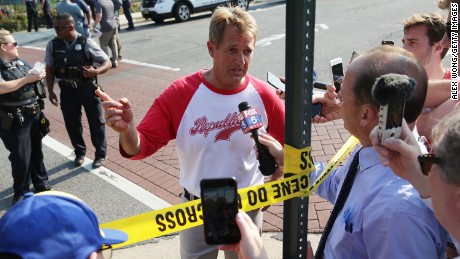 U.S. Sen. Jeff Flake (R-AZ) briefs members of the media near Eugene Simpson Stadium Park where a shooting took place on June 14, 2017 in Alexandria, Virginia. U.S. House Majority Whip Rep. Steve Scalise (R-LA) and multiple congressional aides were shot by a gunman during a Republican baseball practice. 