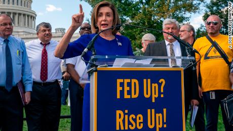 Speaker of the House Nancy Pelosi, D-Calif., joins a rally of organized labor to show support for union workers, at the Capitol in Washington, Tuesday, Sept. 24, 2019. (AP Photo/J. Scott Applewhite)