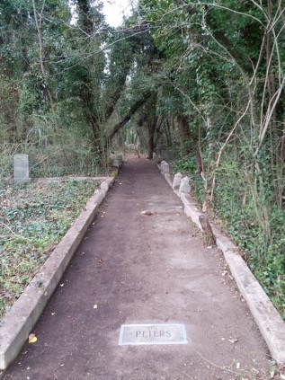A walkway in Evergreen Cemetery in need of restoration work