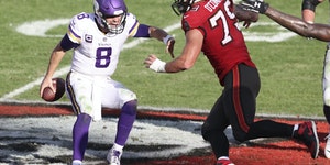 Tampa Bay Buccaneers defensive end Pat O’Connor (79) sacks Vikings quarterback Kirk Cousins (8) during the second half in Tampa, Fla. (AP Photo/Mark